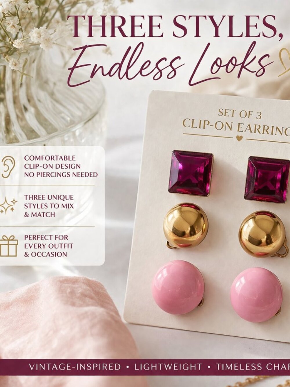 Set of 3 Lightweight Clip-on Earrings